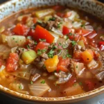 A pot of cabbage soup with visible cabbage, peppers, and celery.