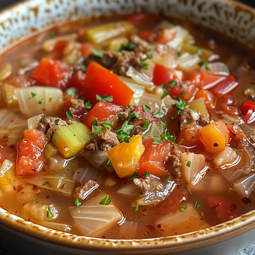 A pot of cabbage soup with visible cabbage, peppers, and celery.