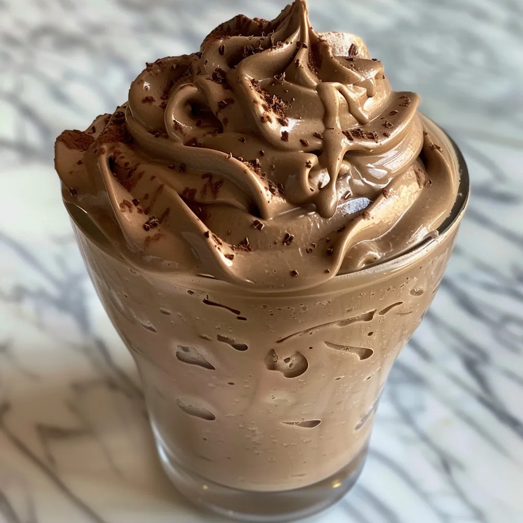 Two glasses of chocolate frosty on a red and white checkered napkin.