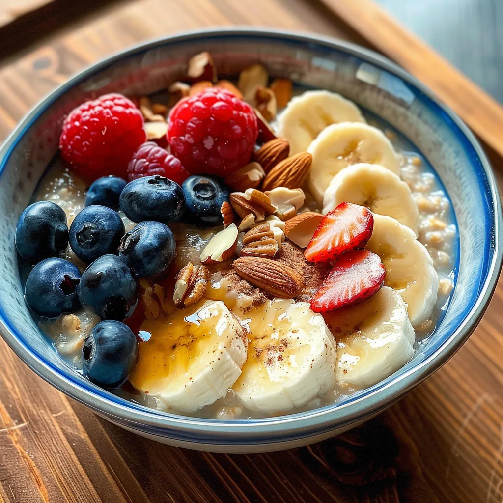 A bowl of oatmeal topped with banana slices, berries, and pecans.