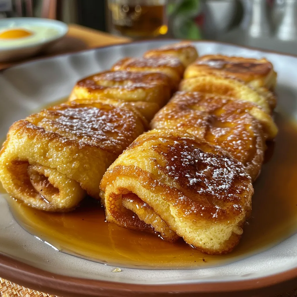 A plate of cinnamon-sugar French toast roll-ups with a small bowl of syrup.