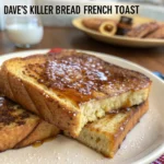 Collage of four delicious Dave's Killer Bread recipes: French toast, cereal, baked oatmeal squares, and blueberry muffins.