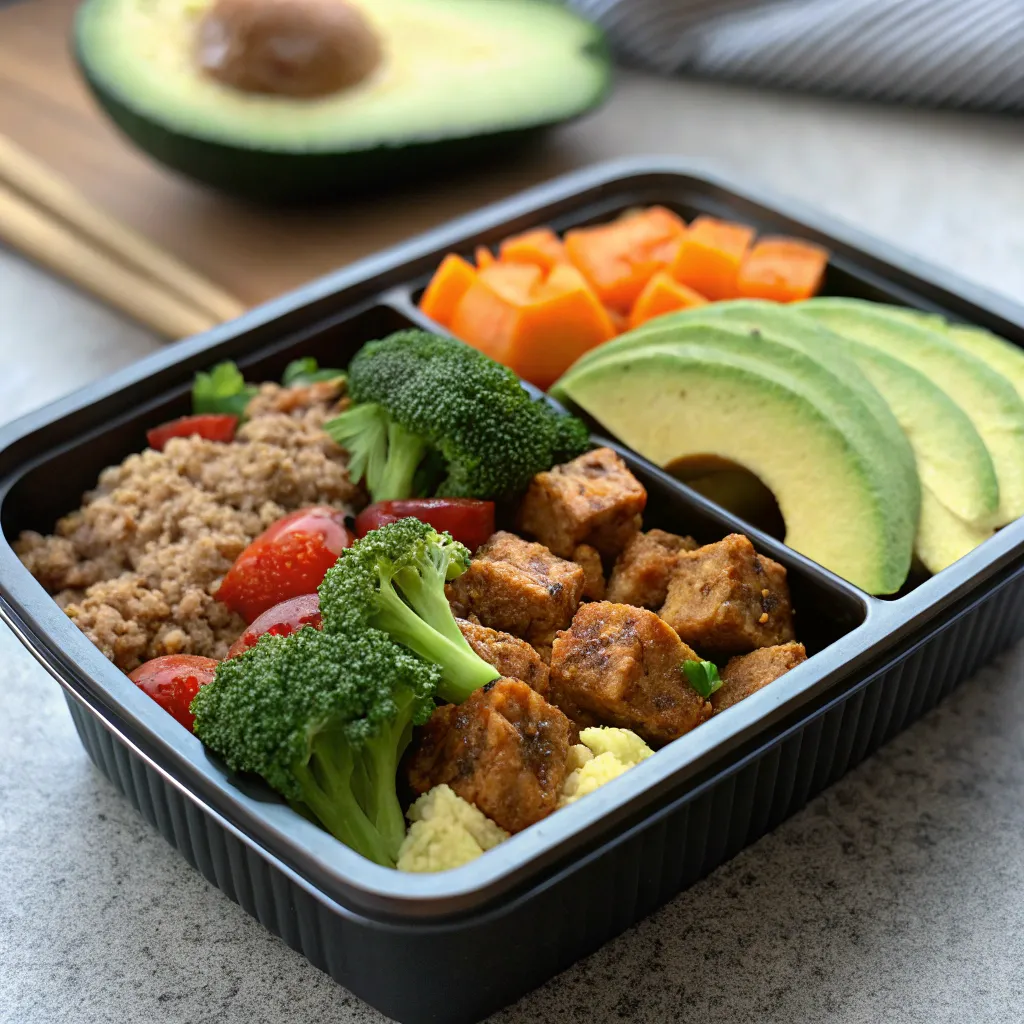 Four images of delicious and healthy adult Lunchable ideas, perfect for work or school. Each container includes a variety of nutritious foods.