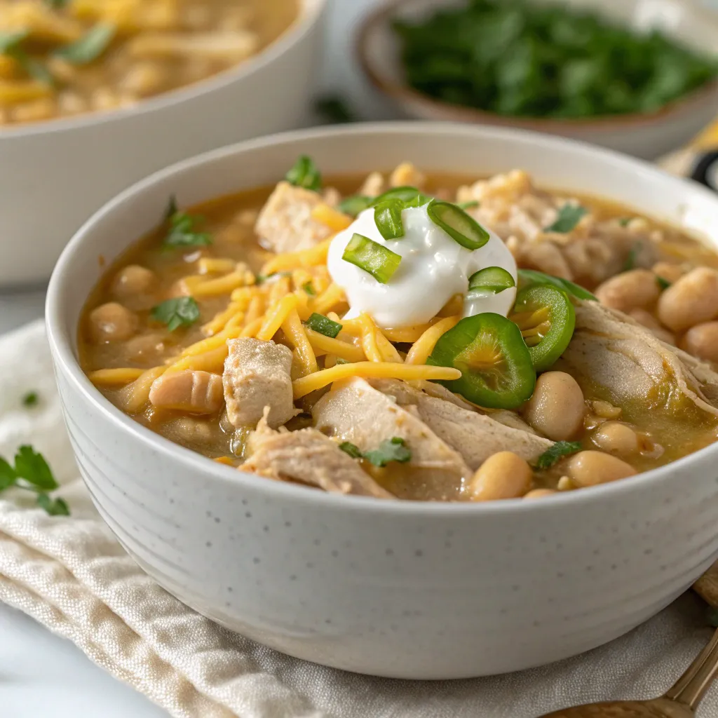 Close-up of a bowl of creamy white chicken chili topped with shredded cheese, tortilla strips, and parsley.