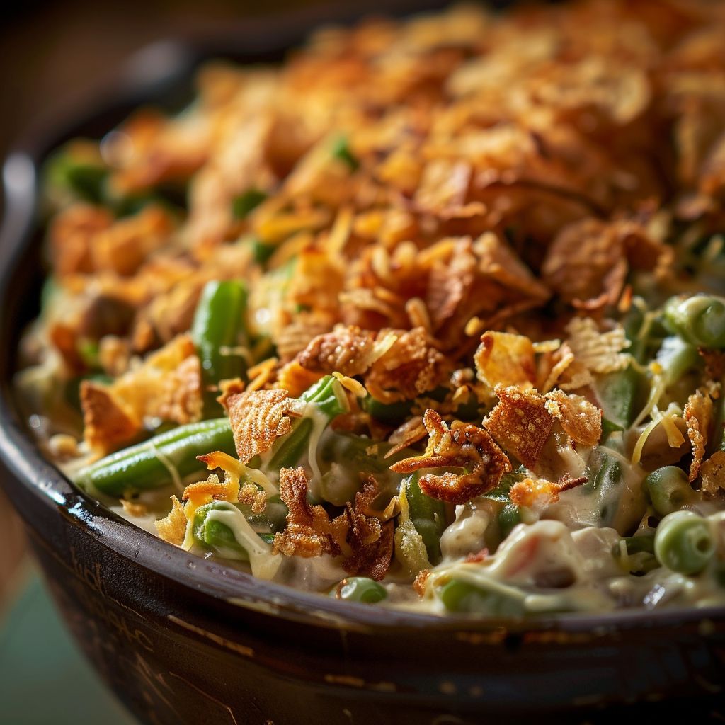 Close-up of a loaded green bean casserole topped with crispy fried onions and melted cheese.