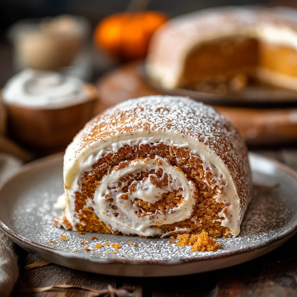 Delicious pumpkin spice roll cake with creamy filling and soft, warm lighting.