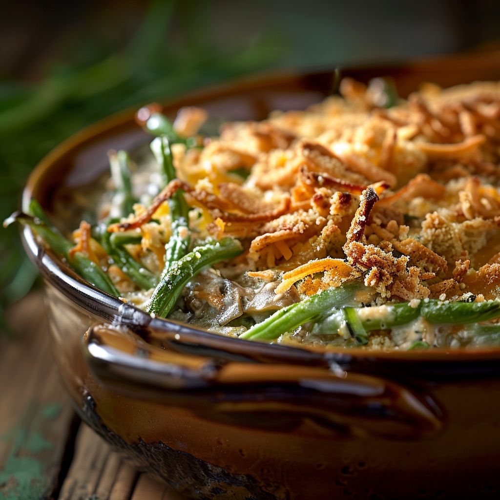Close-up of a creamy green bean casserole topped with crispy onions and melted cheese.