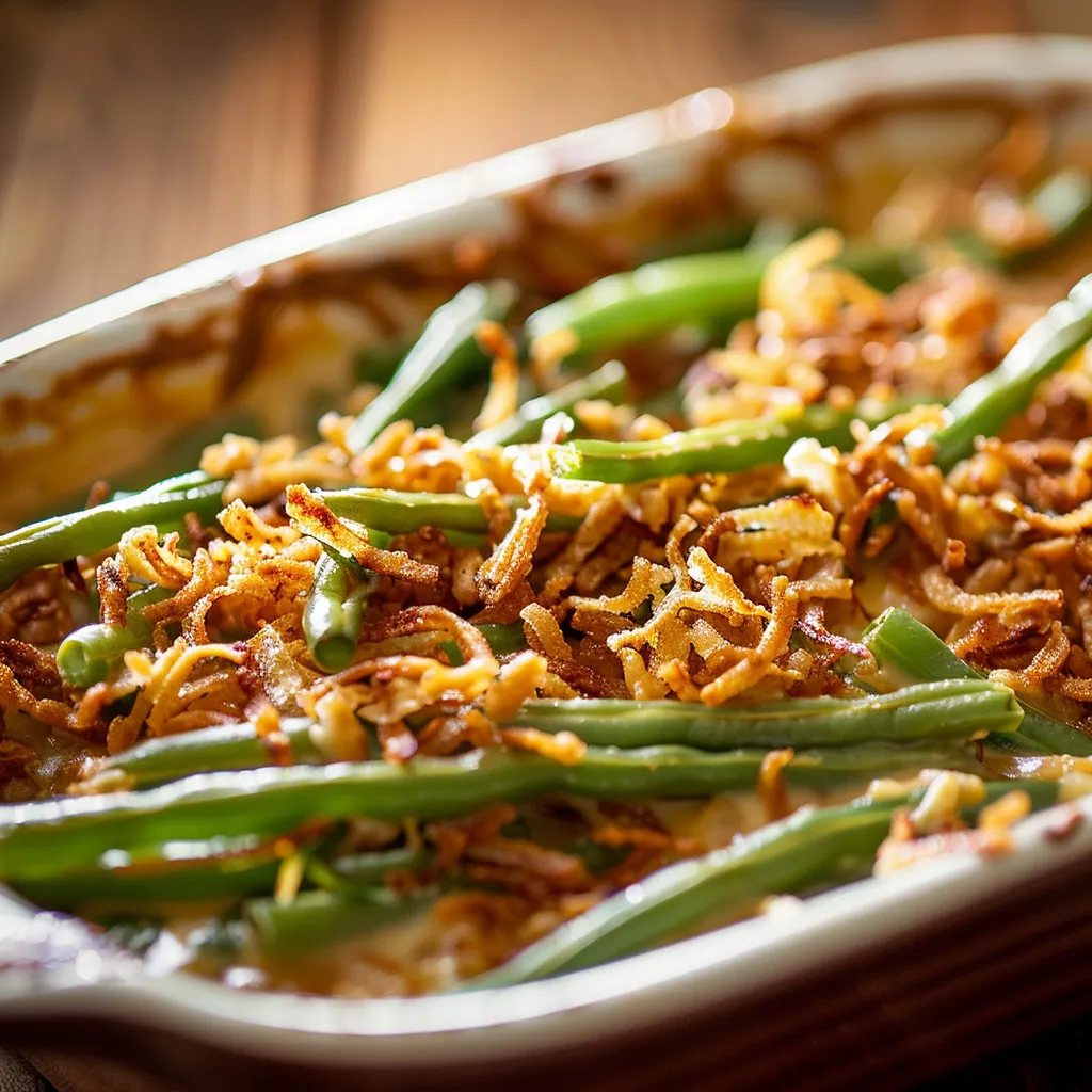 Delicious green bean casserole served in a white dish, showcasing fresh ingredients.
