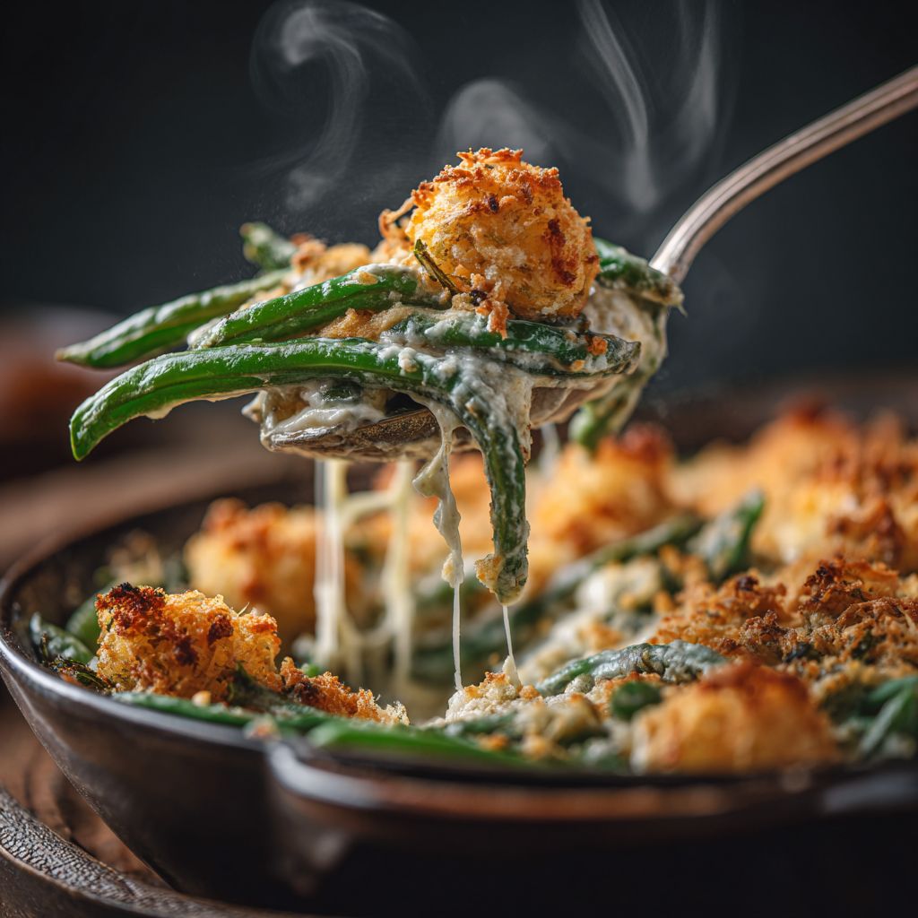 Close-up of a gluten-free green bean casserole with crispy onion topping, illuminated by natural light.
