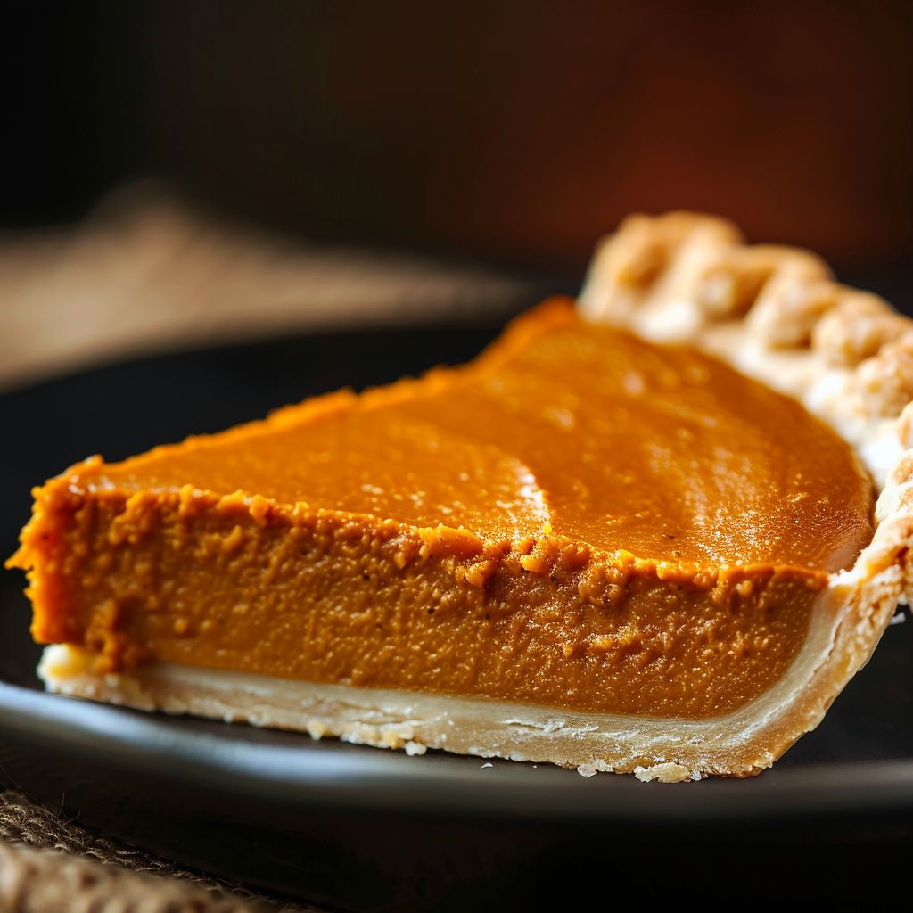Close-up of a beautifully baked pumpkin pie on a rustic wooden table.