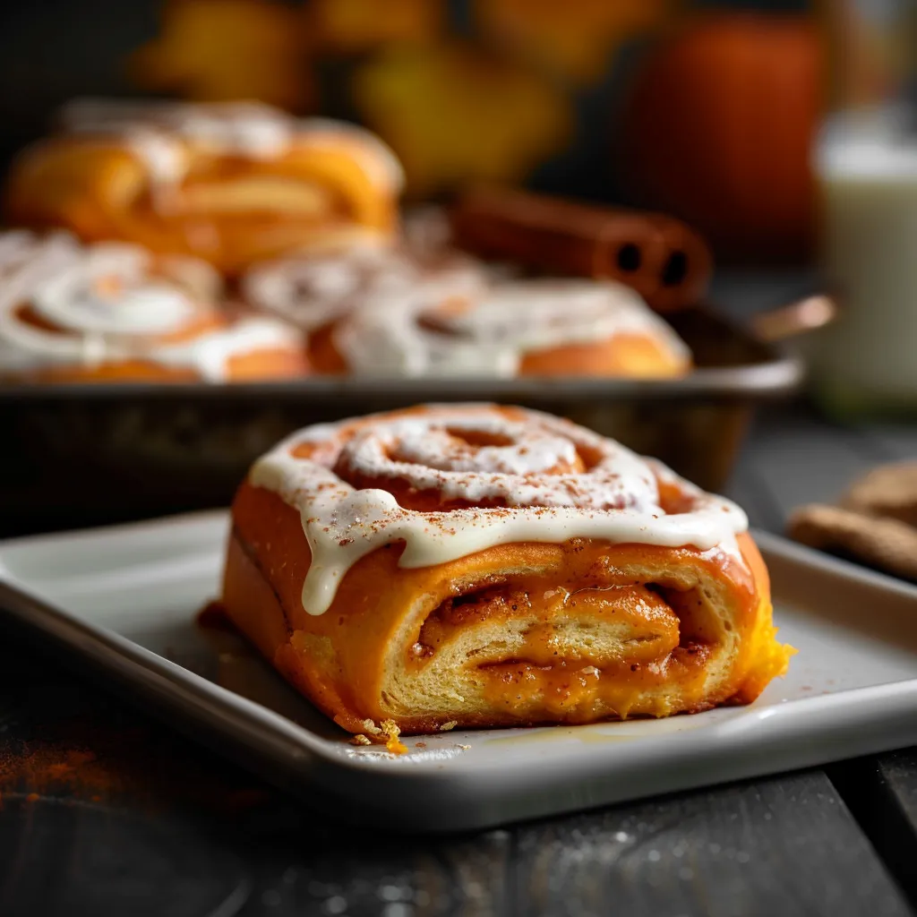 Delicious pumpkin cinnamon rolls in a cozy setting, decorated with creamy frosting and soft shadows.