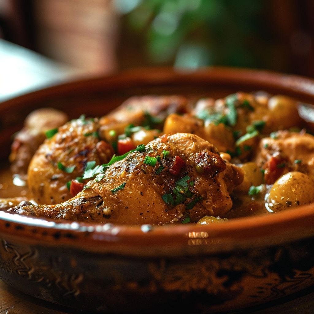 Close-up of a Moroccan Chicken Tagine with vibrant spices and vegetables, illuminated by soft natural light.