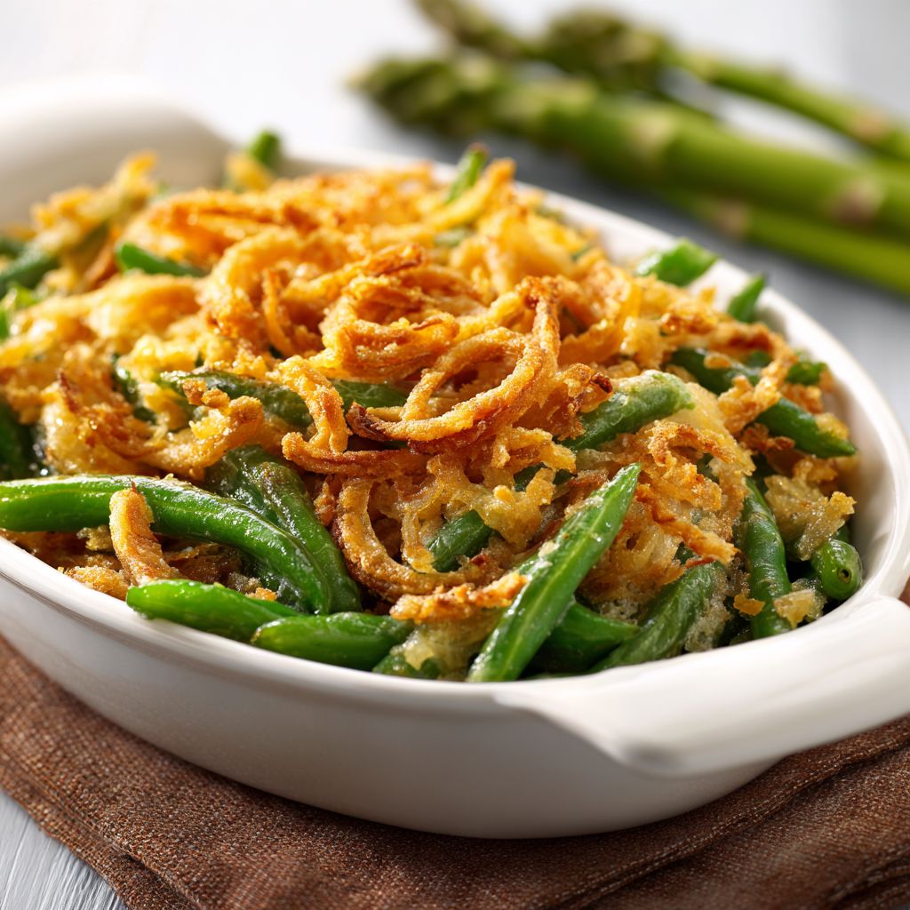 Close-up of a Southern Green Bean Casserole with melted cheese and crispy onions.