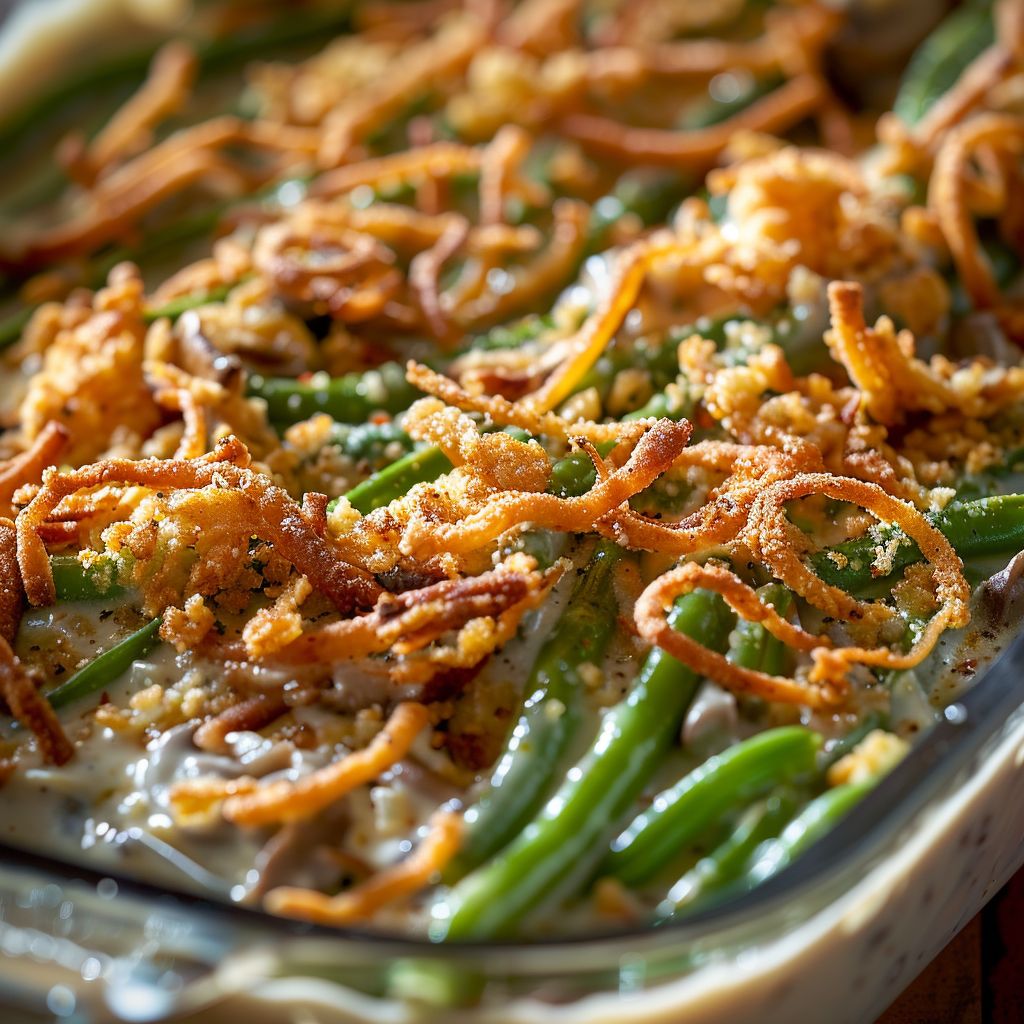 Close-up of a creamy green bean casserole topped with crunchy fried onions.