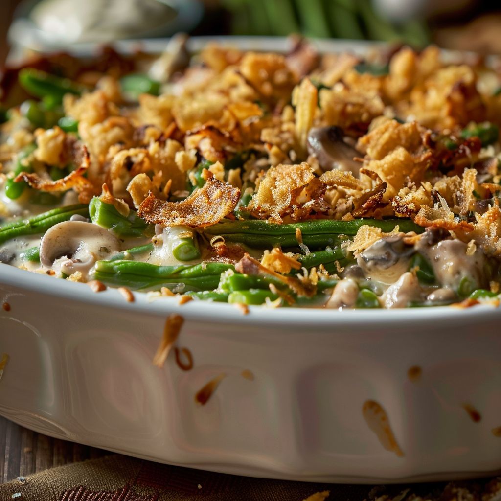 Close-up of a loaded green bean casserole topped with crispy fried onions and melted cheese.