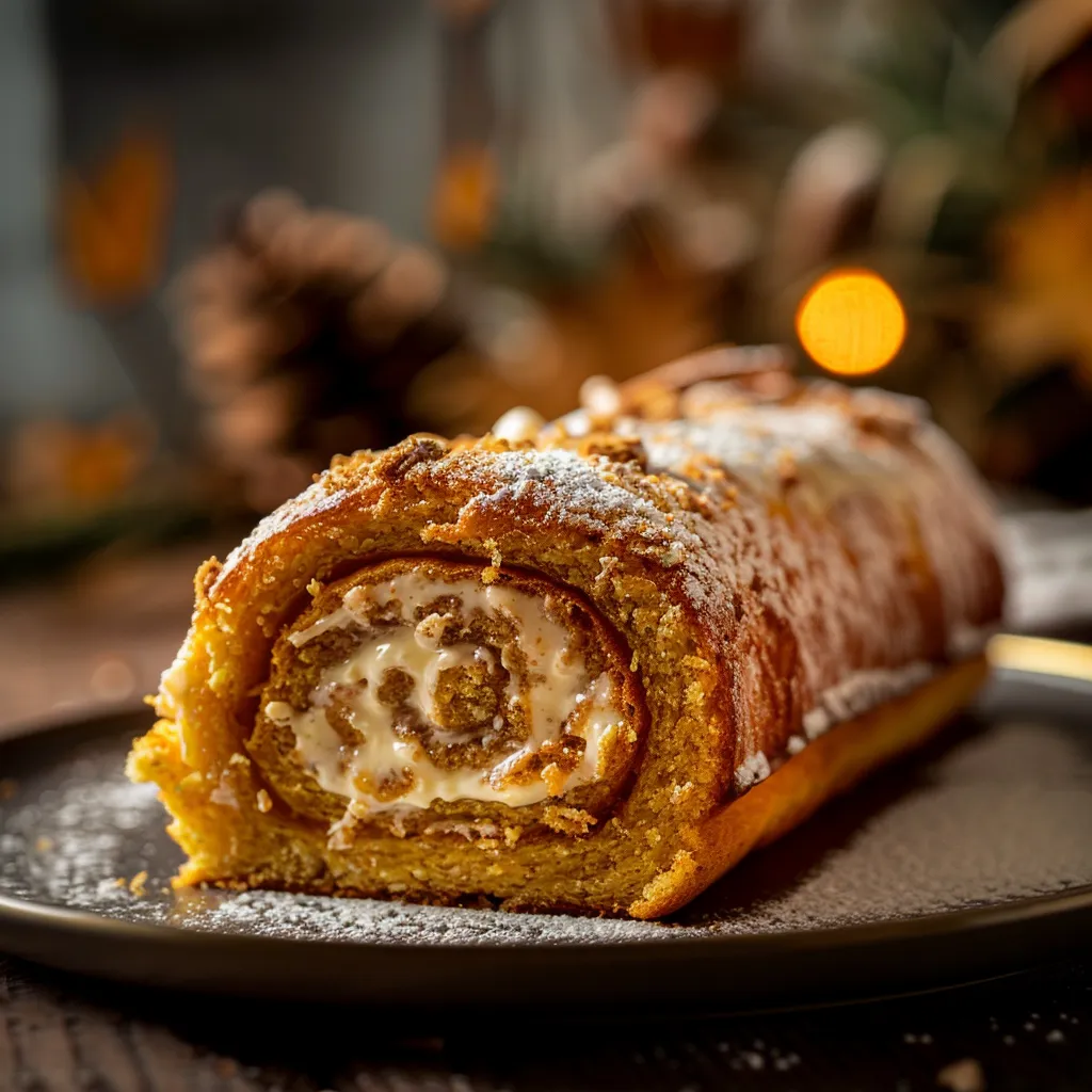 A beautifully arranged slice of pumpkin spice roll cake showcasing its creamy texture and spices.