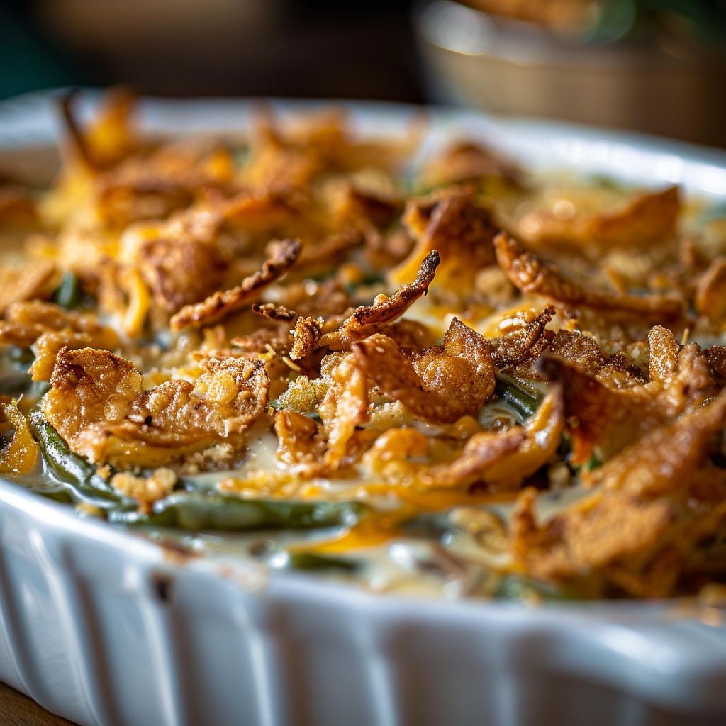 Close-up of a creamy green bean casserole topped with crispy onions and melted cheese.