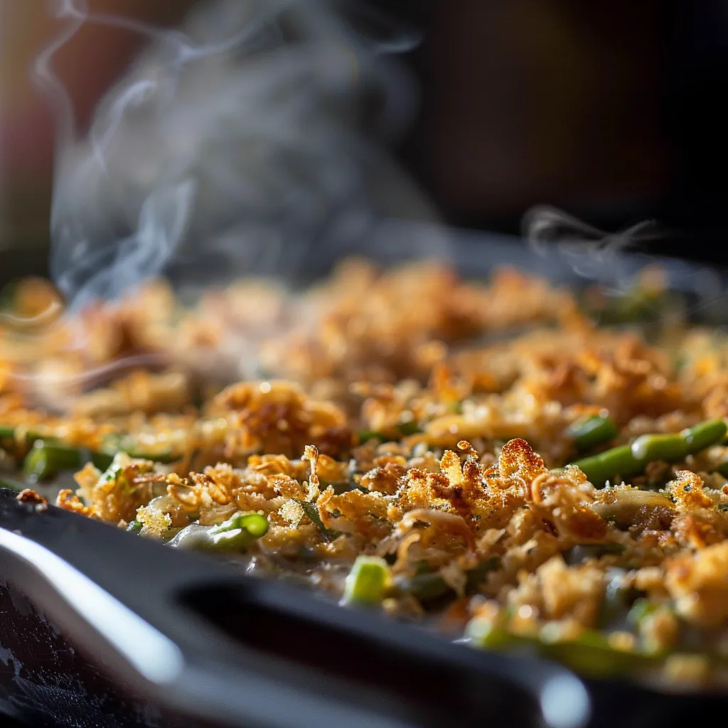 Warm green bean casserole with a creamy texture and golden fried onions.