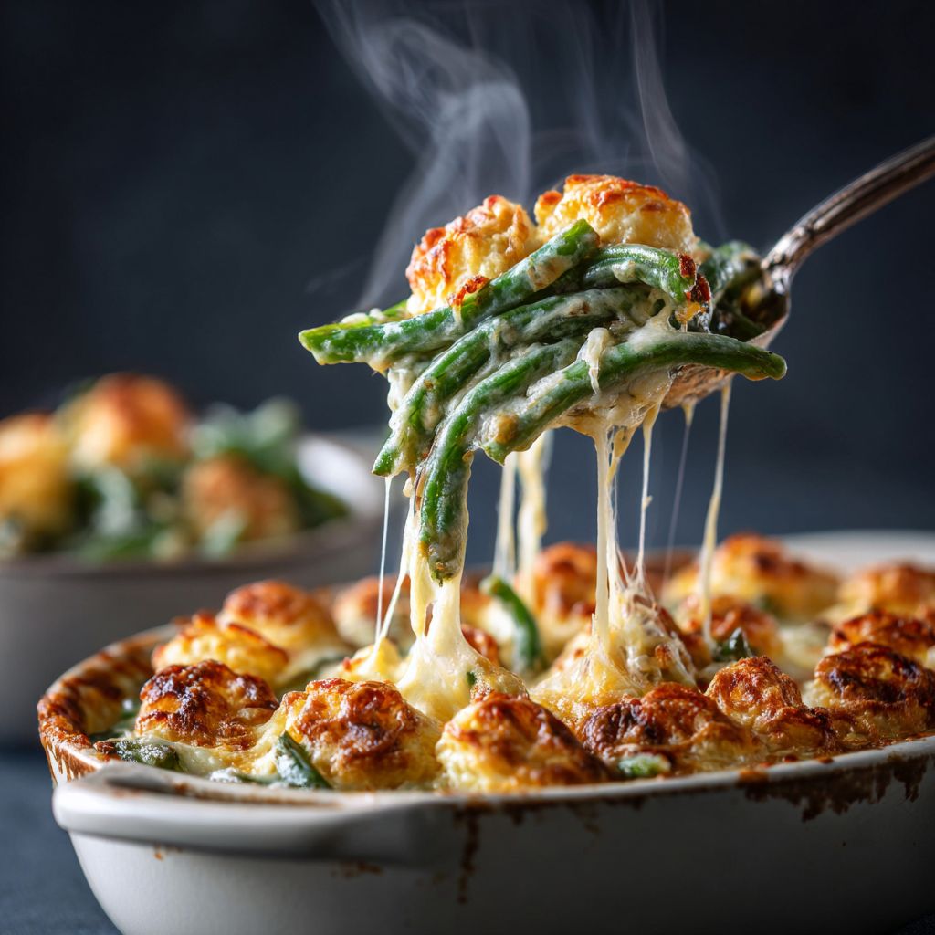 Close-up of a gluten-free green bean casserole with crispy onion topping, illuminated by natural light.