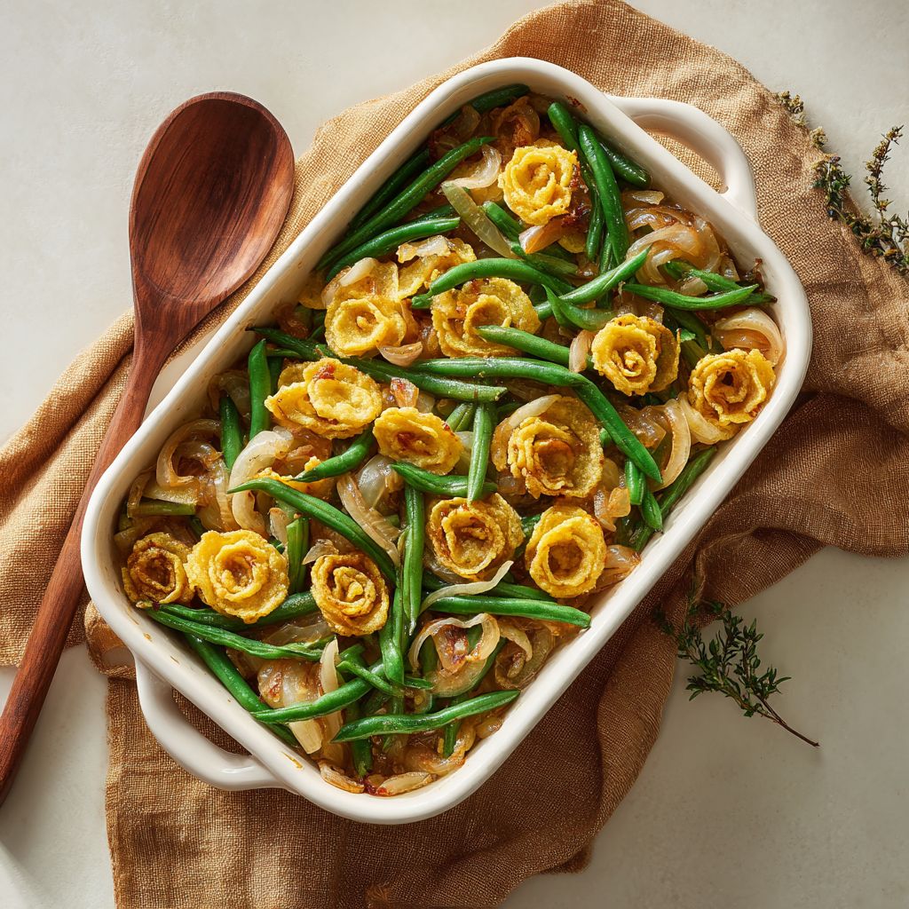 Close-up shot of a Gluten-Free Green Bean Casserole with crispy fried onions on top.