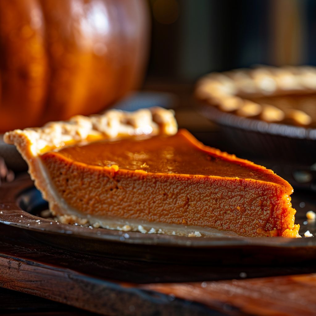 Close-up of a beautifully baked pumpkin pie on a rustic wooden table.