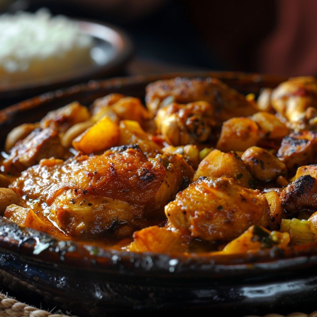 Close-up of a Moroccan Chicken Tagine with vibrant spices and vegetables, illuminated by soft natural light.