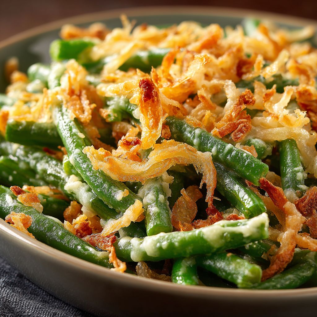 Close-up of a creamy green bean casserole with crispy fried onions on top, served in a rustic dish.