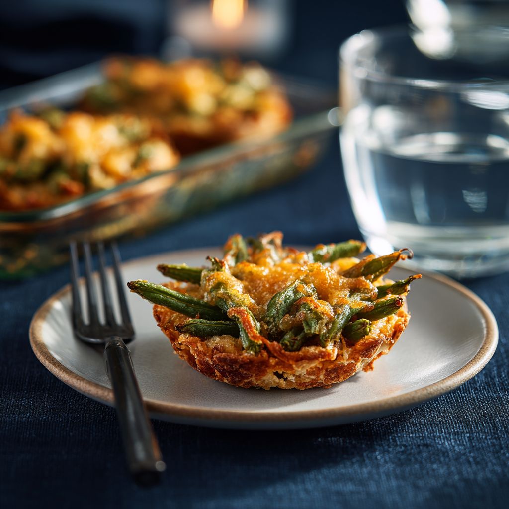Close-up of a gluten-free green bean casserole with crispy fried onions on top.