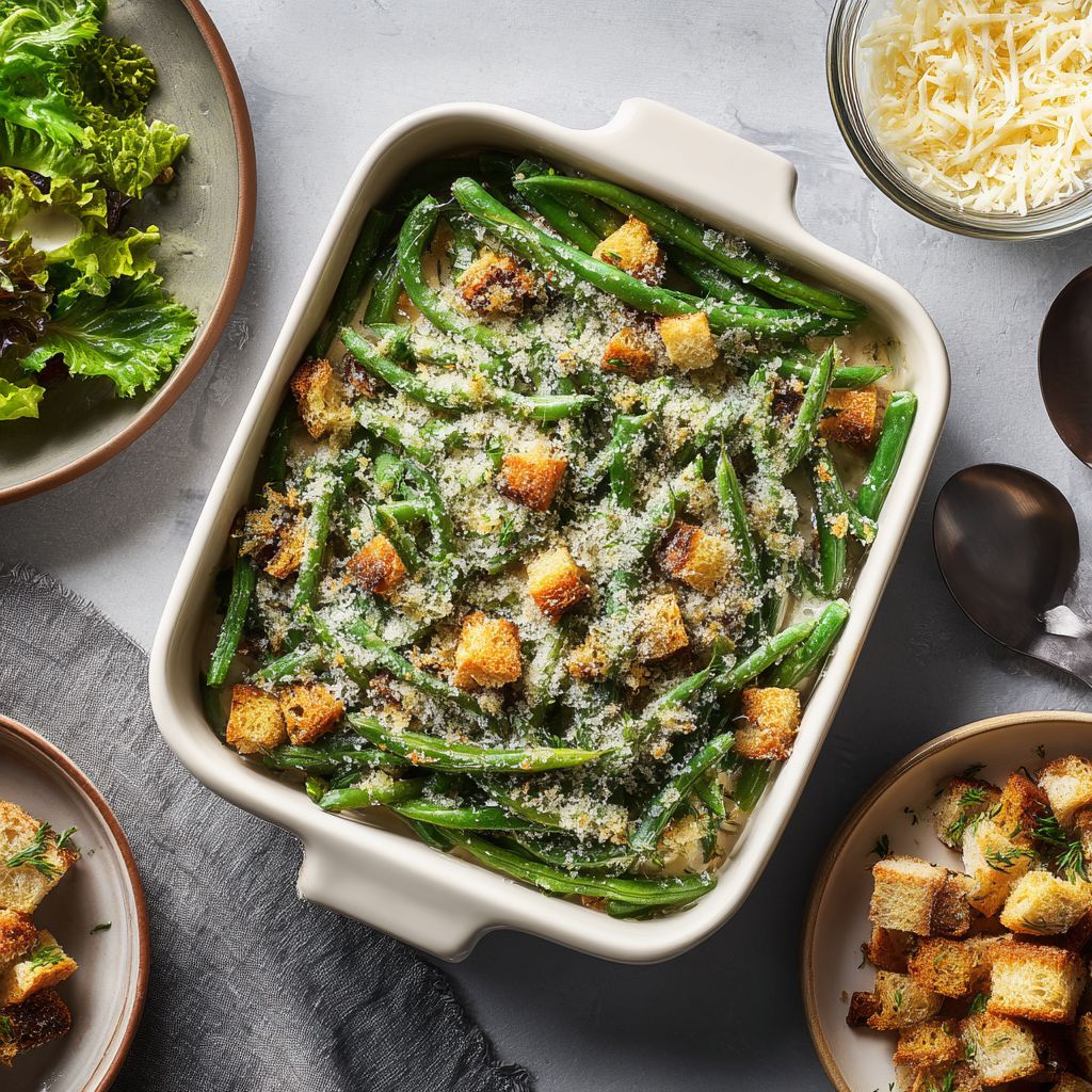 Close-up view of a creamy green bean casserole topped with crispy onions in natural light.