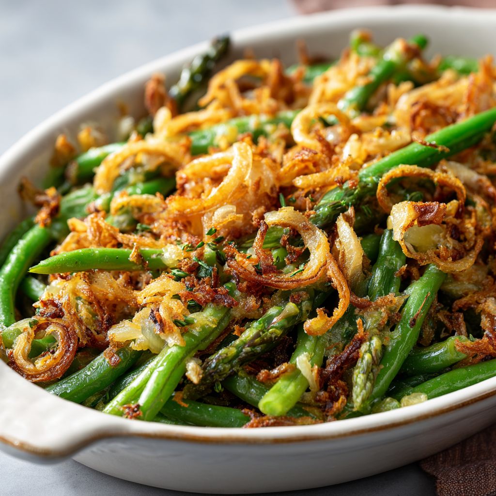 Close-up of a Southern Green Bean Casserole with melted cheese and crispy onions.