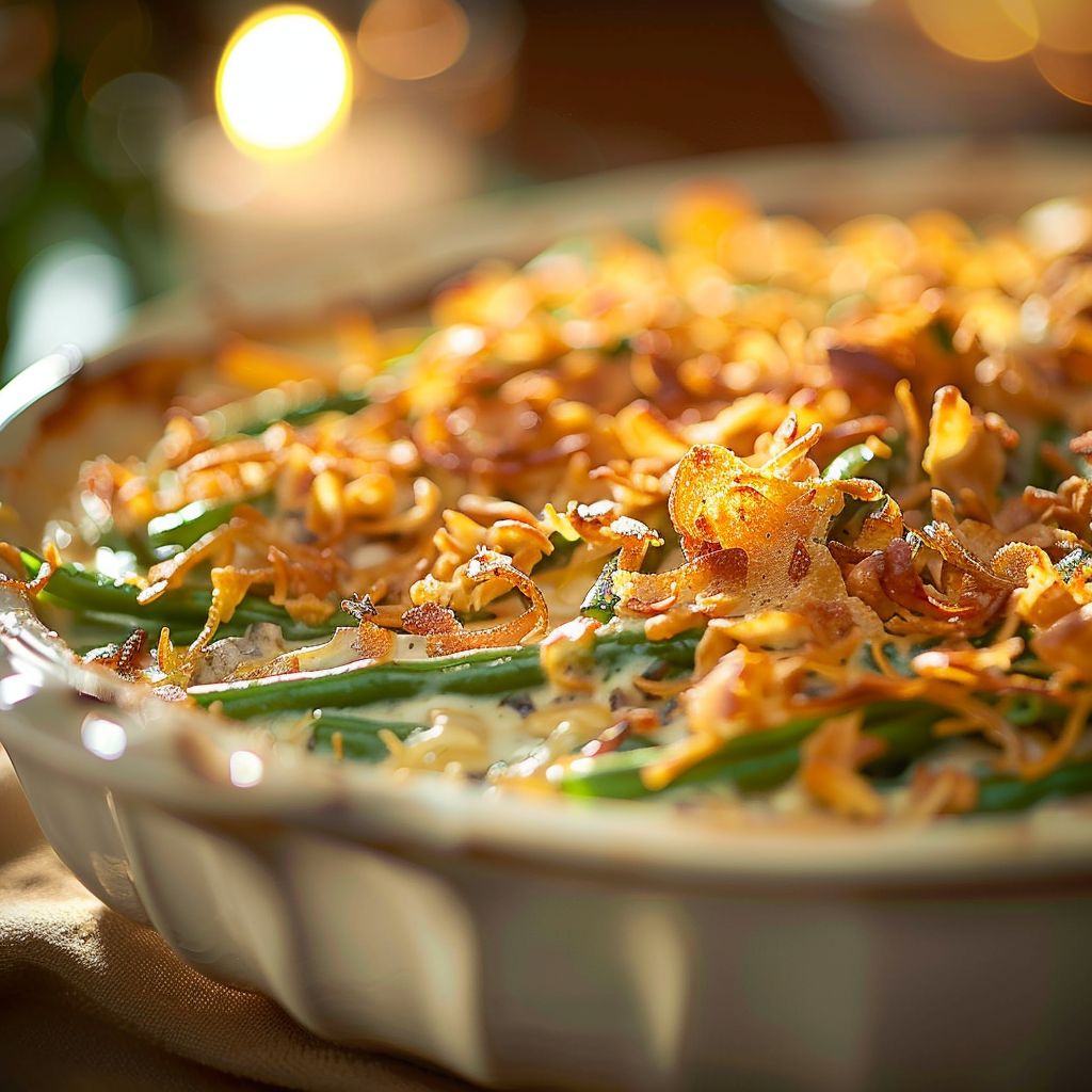 Close-up of a creamy green bean casserole topped with crunchy fried onions.