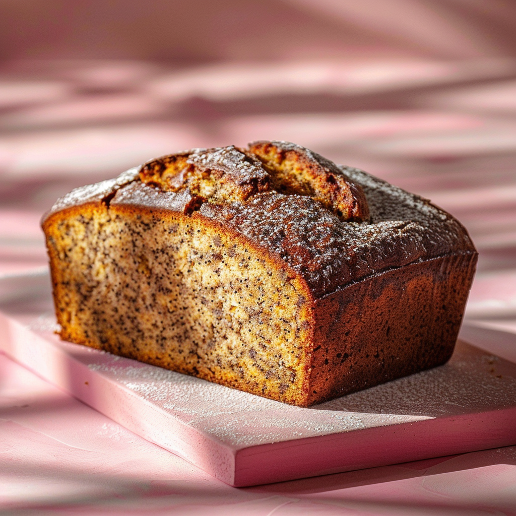Close-up of a slice of moist banana bread on a pale pink surface, showcasing its texture and richness.