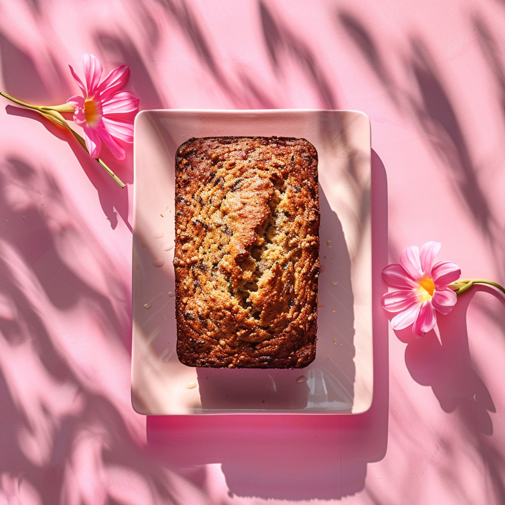 Top-down view of a slice of banana bread on a pale pink surface with natural light.