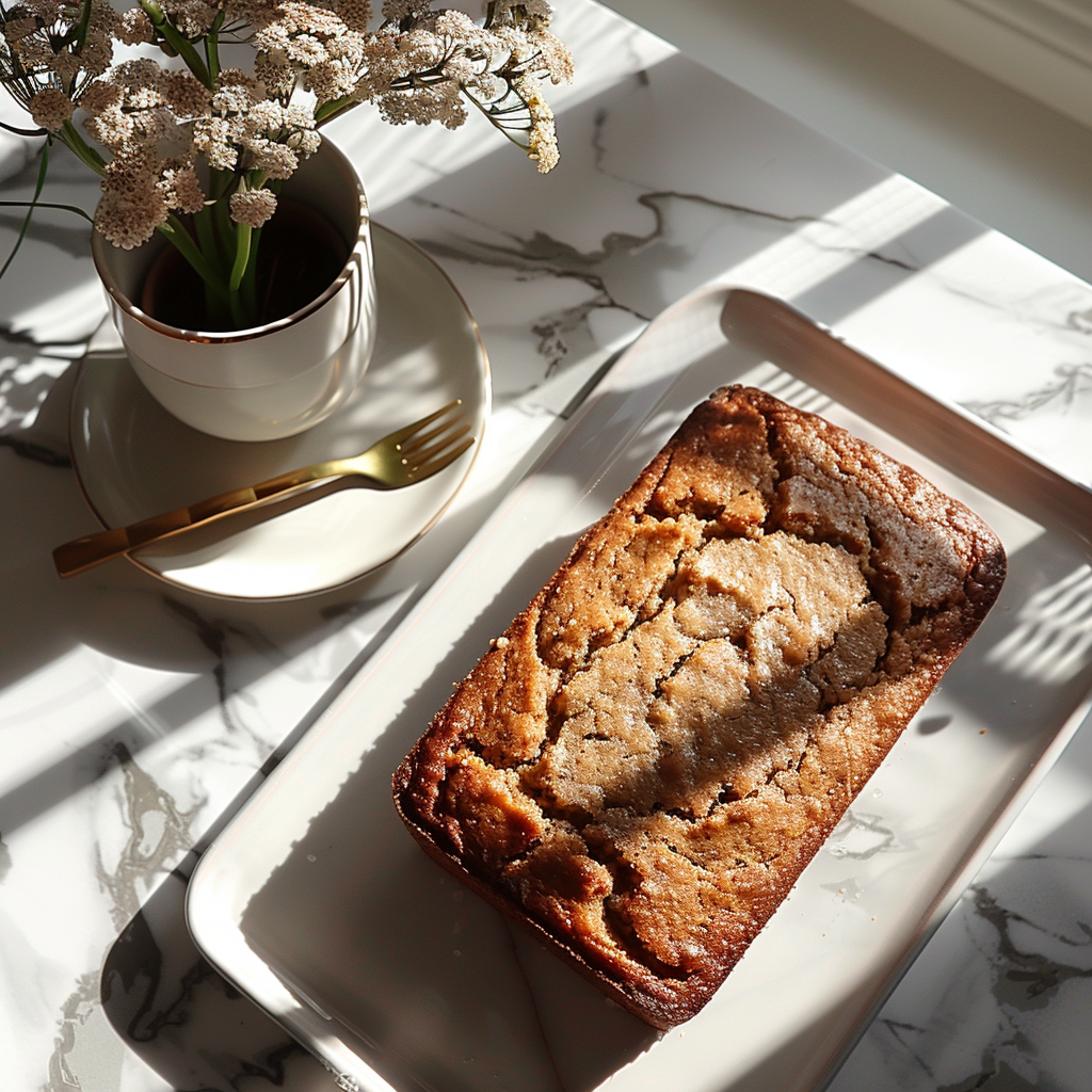 Top-down view of a slice of moist banana bread on a white marble countertop.