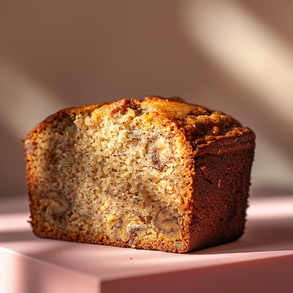 Close-up of moist banana bread on a light pink surface with natural lighting.