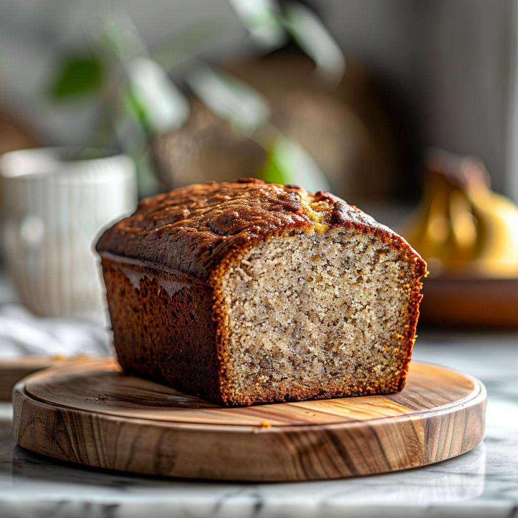 A close-up of a slice of moist banana bread on a light wooden board.