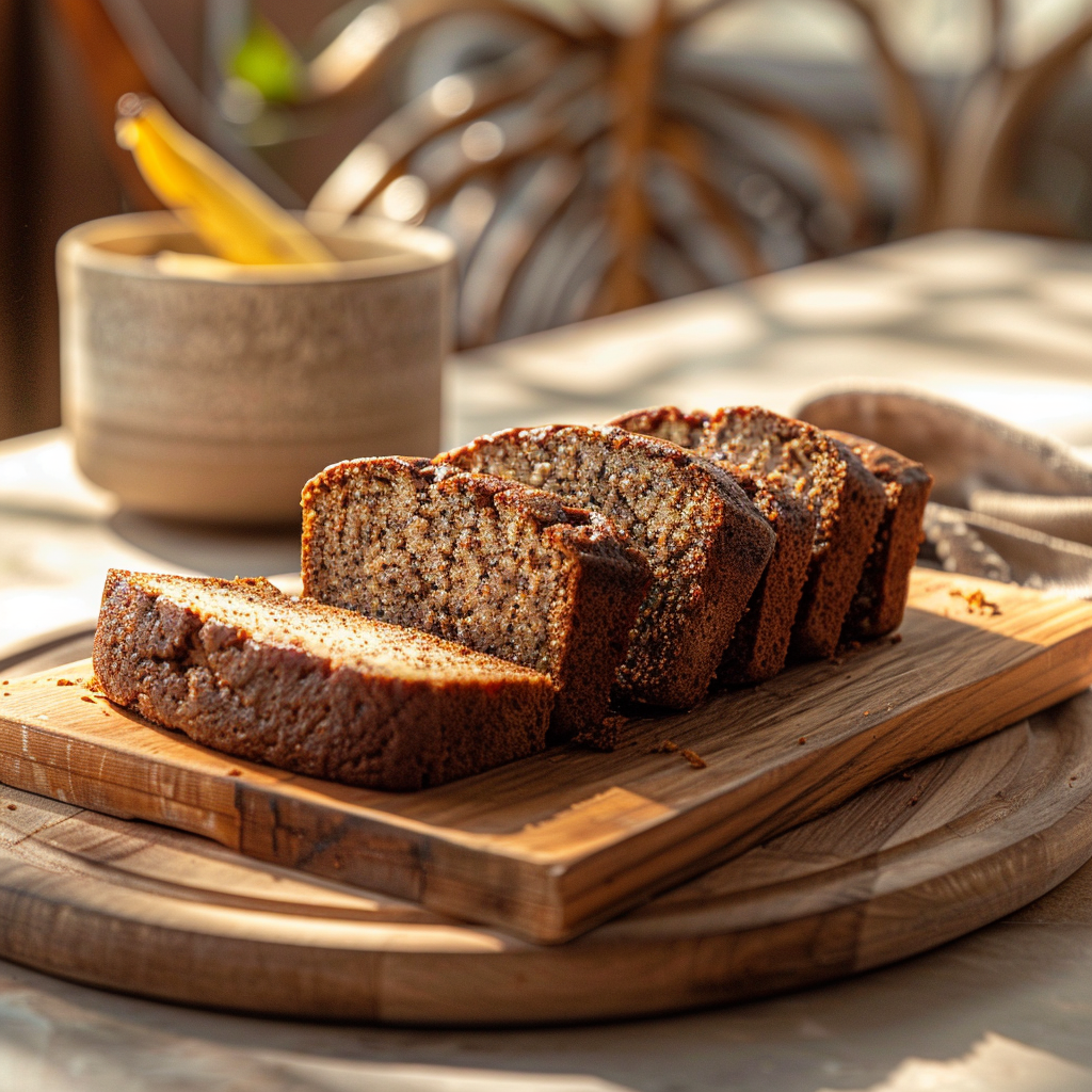 A slice of moist banana bread on a light wooden board, illuminated by natural light.