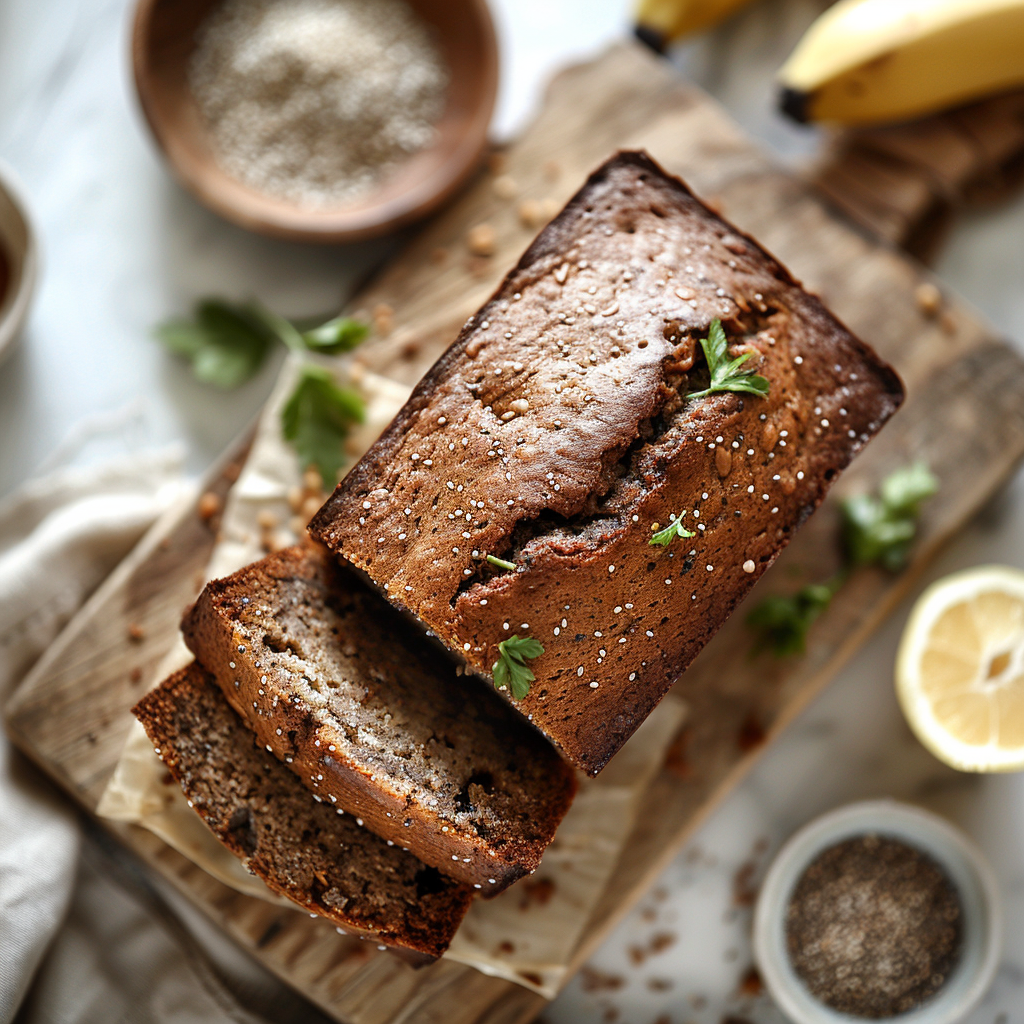 A top-down view of a slice of gluten-free banana bread on a light wooden board, illuminated by natural light.