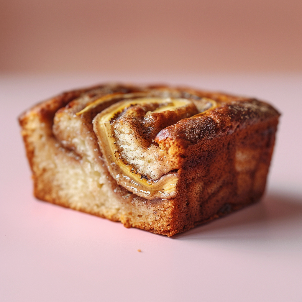 Close-up of a slice of cinnamon swirl banana bread on a pale pink surface.