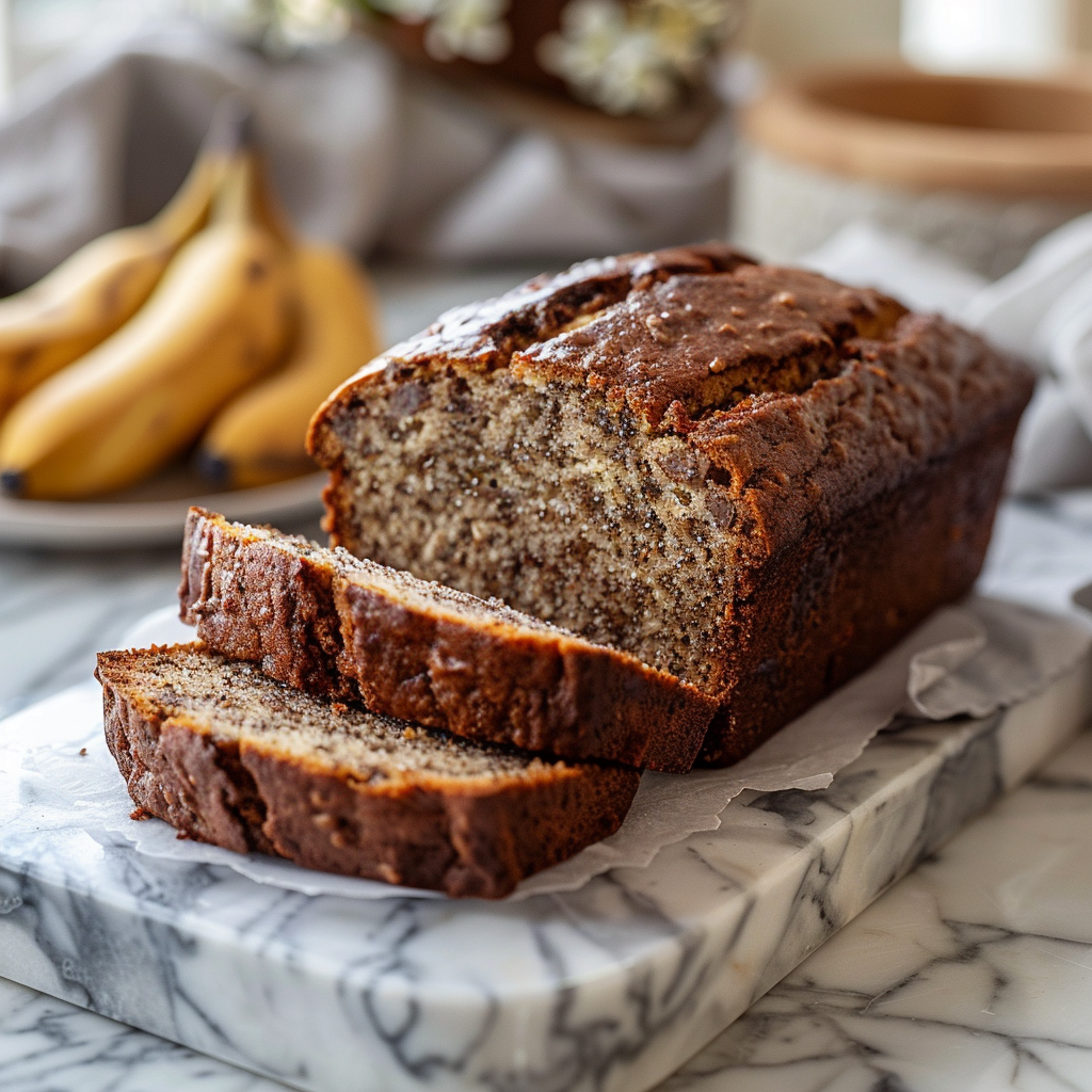 Close-up of a slice of banana bread on a marble countertop.