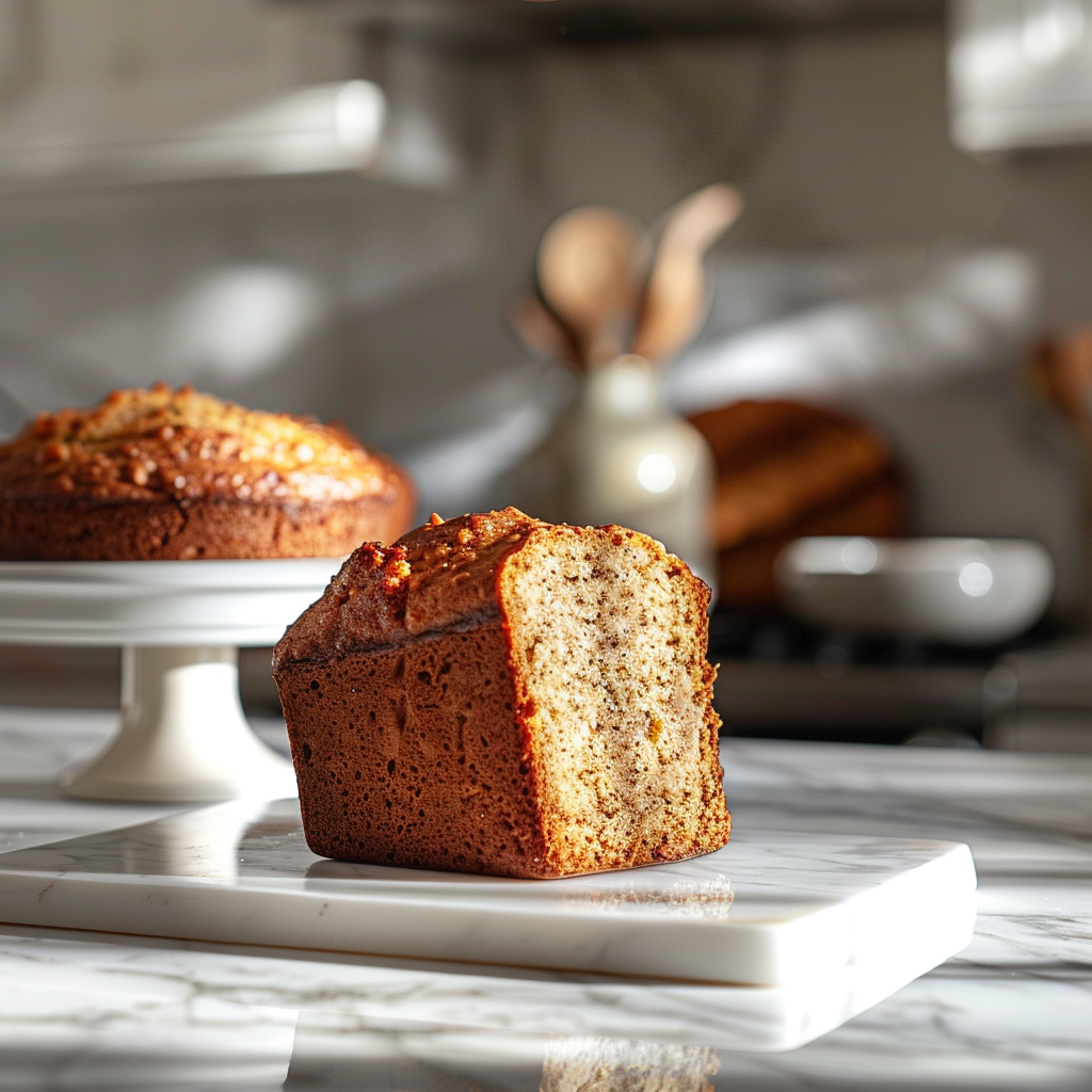 A slice of banana bread on a white marble countertop with soft natural lighting.