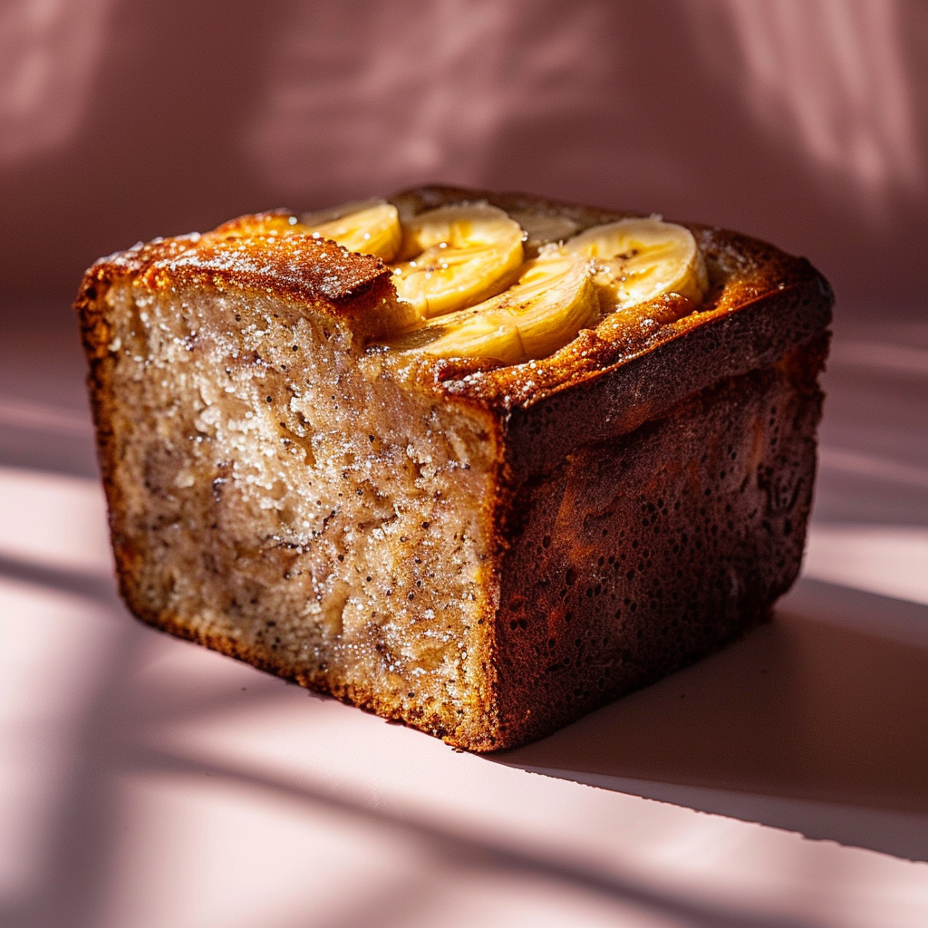 Close-up of a slice of banana bread on a pale pink surface, showcasing its warm, inviting texture.