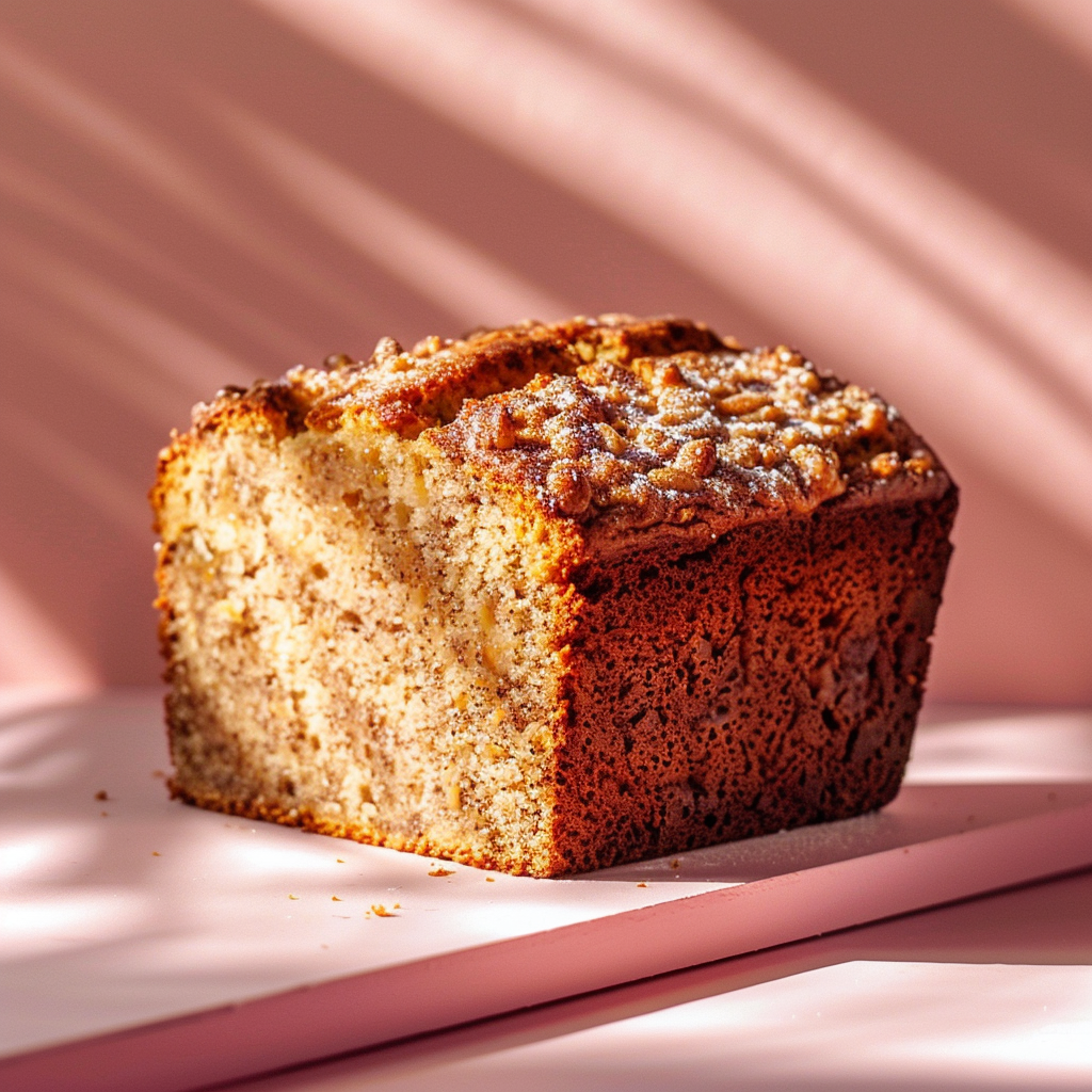 A piece of moist banana bread elegantly styled on a pale pink surface, illuminated by natural light.