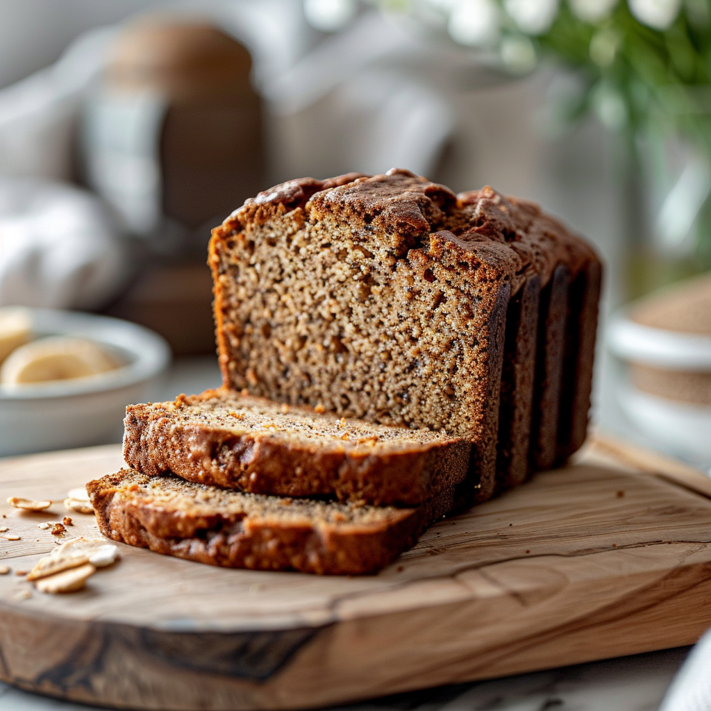 A close-up of a slice of moist banana bread on a light wooden board.