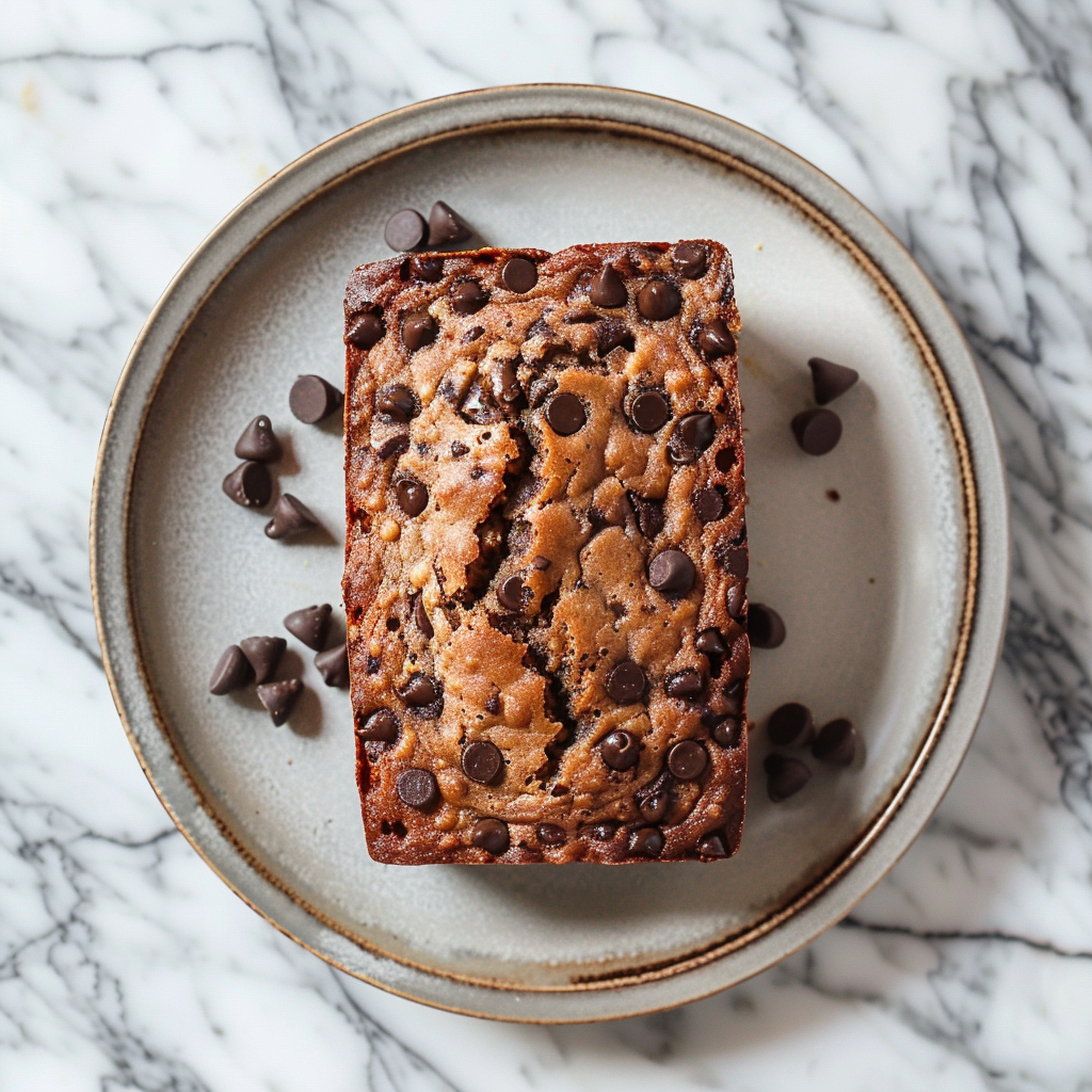 Top-down view of moist vegan chocolate chip banana bread on a light grey ceramic plate.