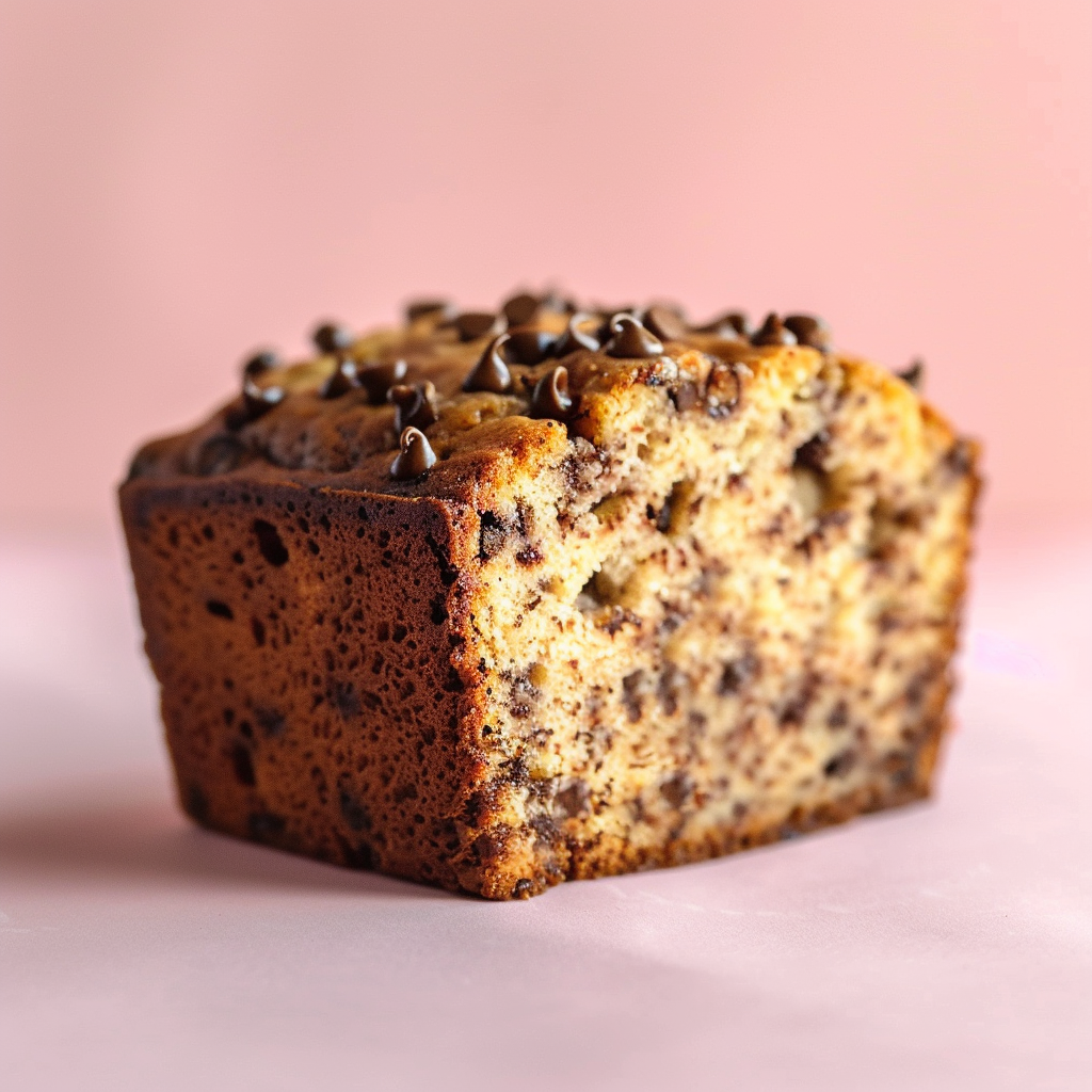 Close-up of moist vegan chocolate chip banana bread on a pale pink surface.