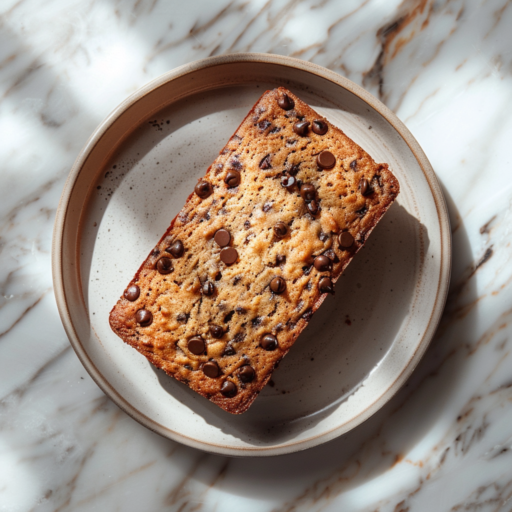 Top-down view of moist vegan chocolate chip banana bread on a light grey plate.