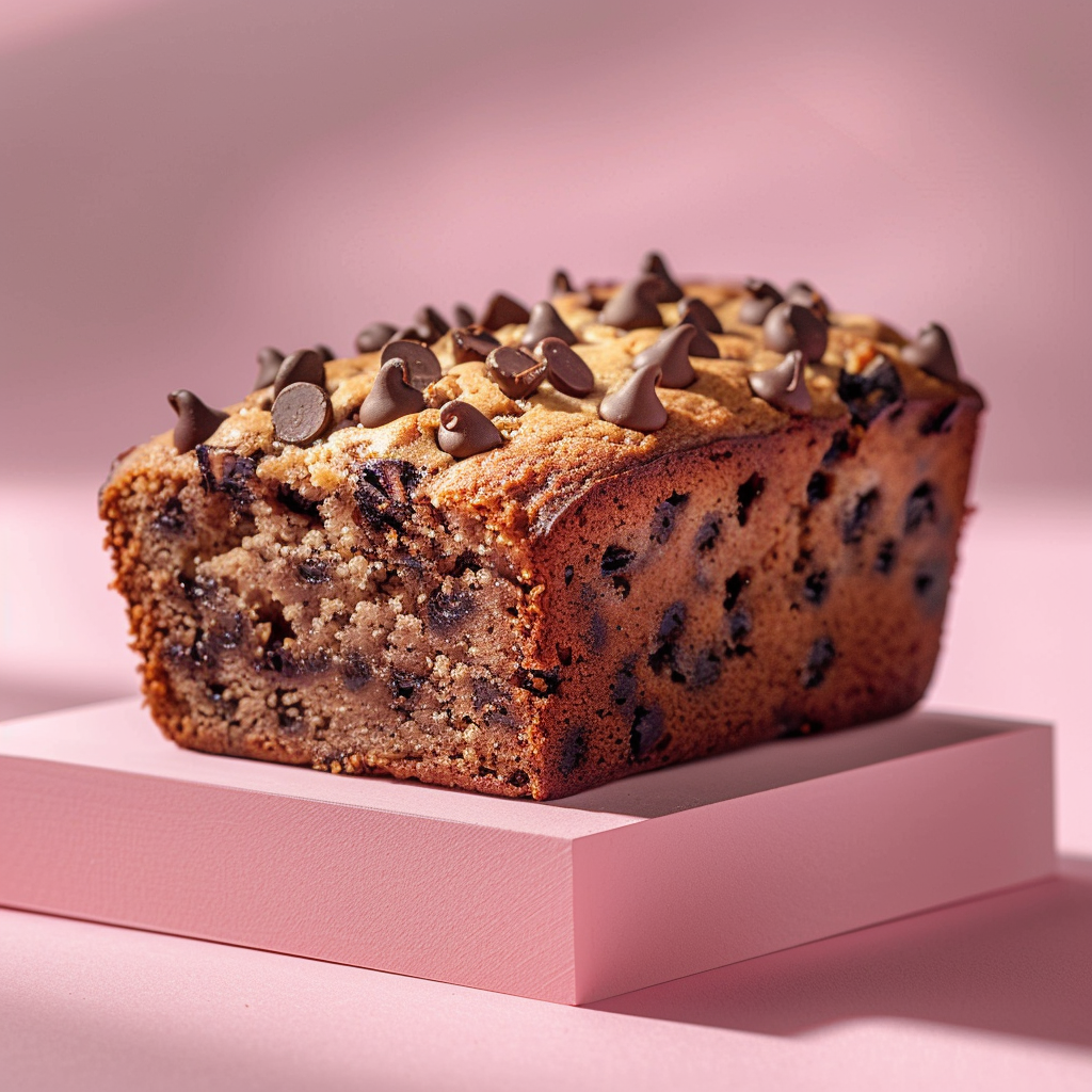 Close-up of a slice of moist vegan chocolate chip banana bread on a pale pink surface, showcasing chocolate chips and a soft texture.