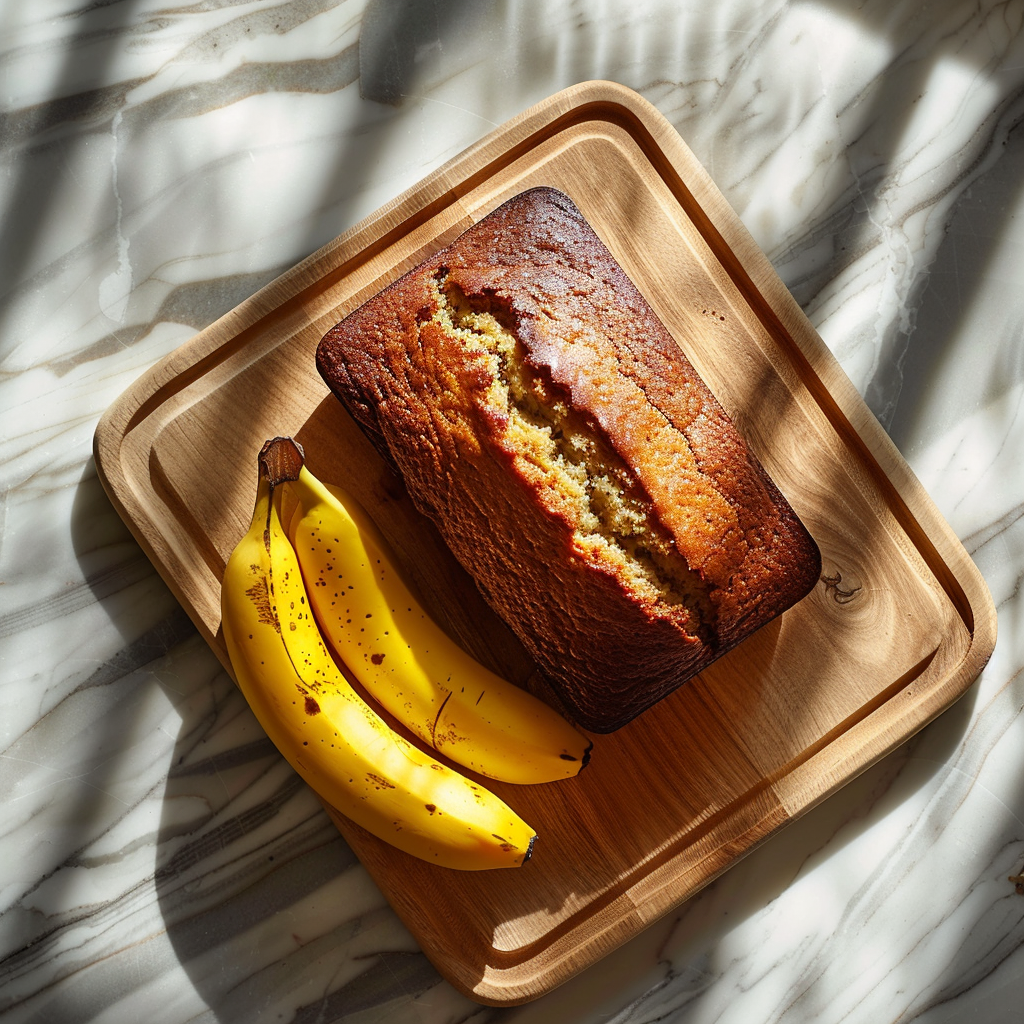 A top-down view of banana bread on a light-washed wooden board, accompanied by two whole bananas.