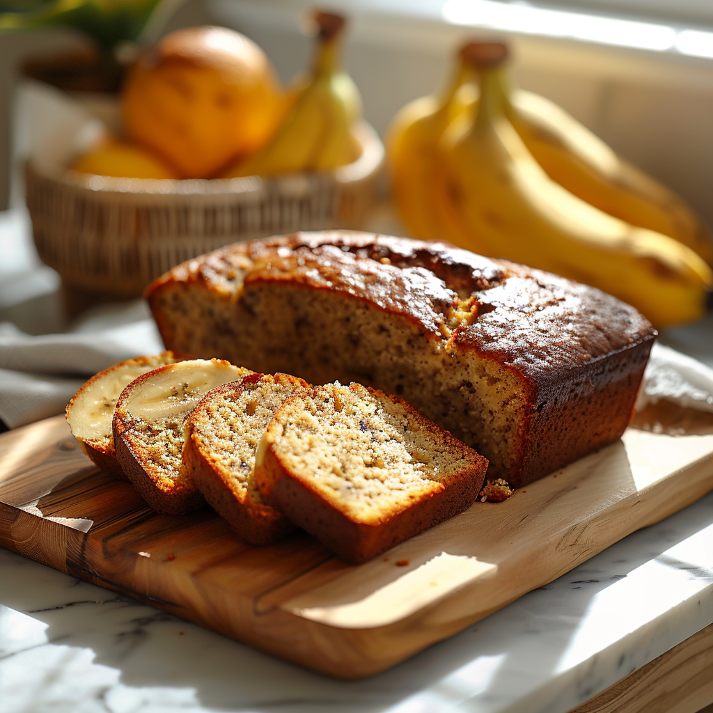 A slice of banana bread on a light wooden board next to two ripe bananas.